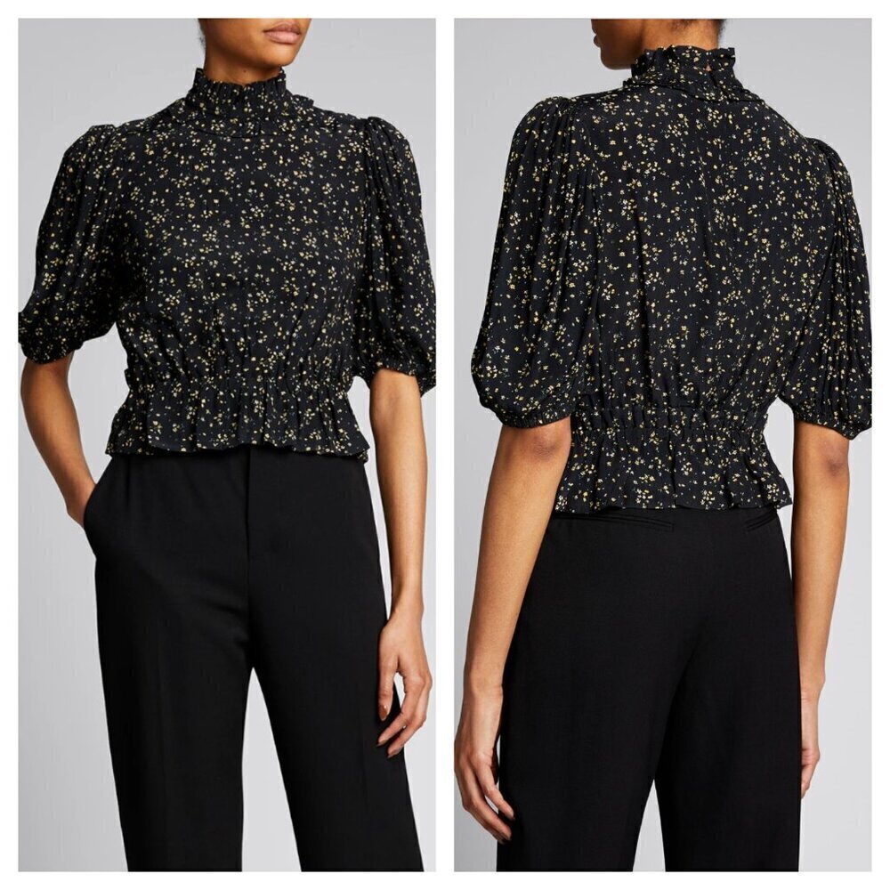GANNI Ditsy Floral Print Crepe Blouse Puff Sleeves Black Yellow Women's 34 US 2